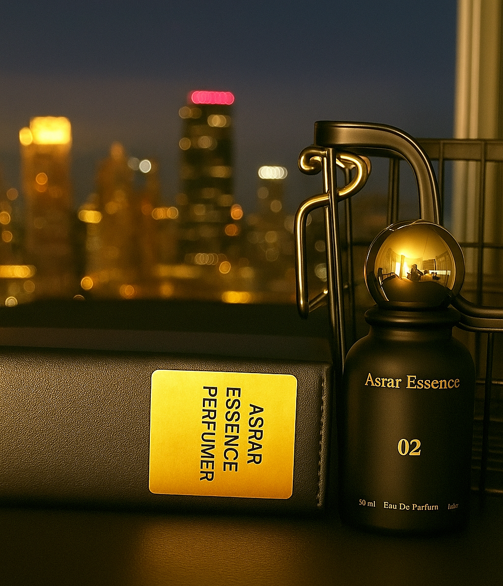 Asrar Essence perfume bottle and packaging with a cityscape background